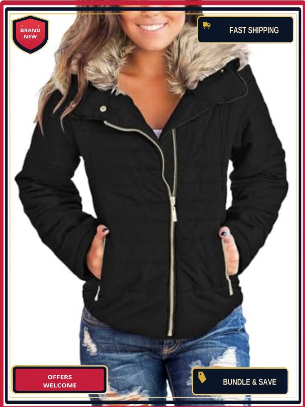Women Faux Fur Collar Quilted Puffer Coat Zip Pockets